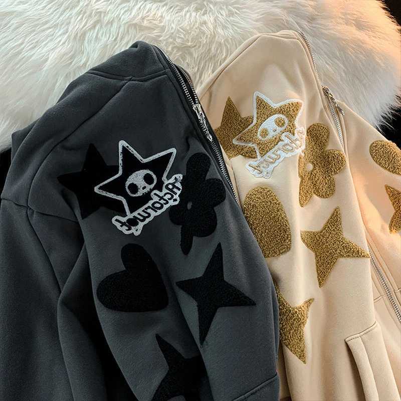 Womens Retro Embroidery Hoodies Autumn Winter Zip Up Long Sleeve Loose Jacket Coats Y2k Harajuku Casual Pocket Hooded Sweatshirts W250117