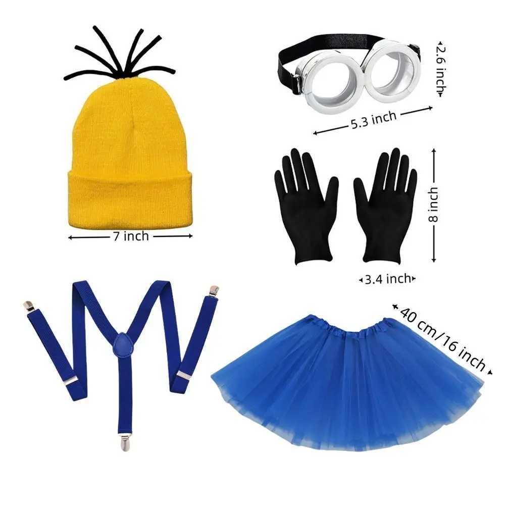 3pcs/5pcs Halloween Costume Accessories Minions Cosplay Party Set Yellow Beanie Hats Blue Dress Women Men Black Gloves for Adult W250117
