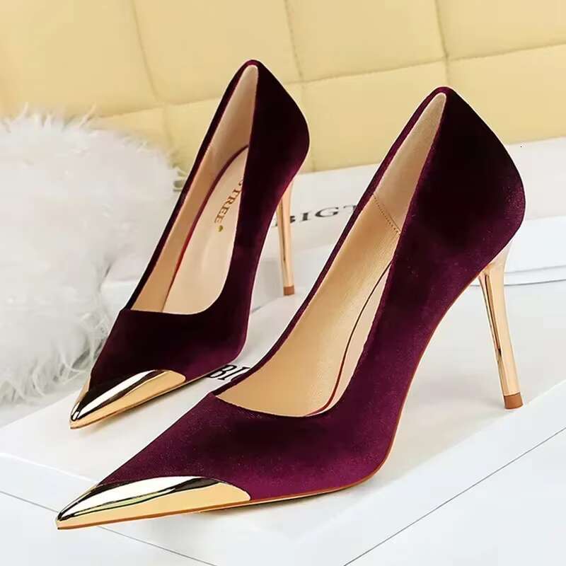 Women Metal Pointed Cap Toe Green Bury Veet New Pumps Lady 10cm Evening Banquet Dress Scarpins Stiletto Heels Shoes