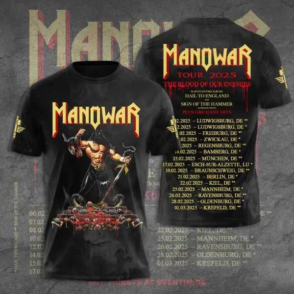 Rock Manowar Band 3D printed T-shirt mens hip-hop short sleeved T-shirt Harajuku O-neck T-shirt top oversized unisex Y2k clothing W250117