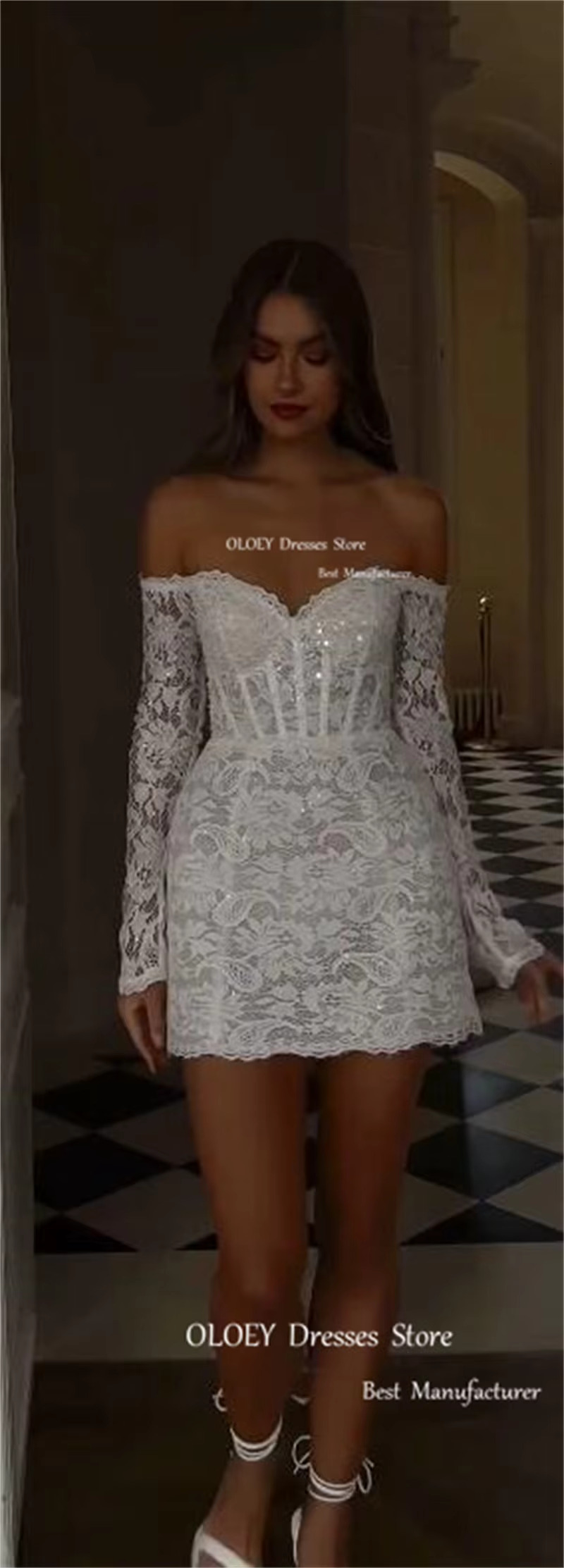 OLOEY Shiny Full Lace Mini Short Wedding Dresses Off Shoulder Long Sleeves US Women Bride Dress Customised Party Bridal Gowns