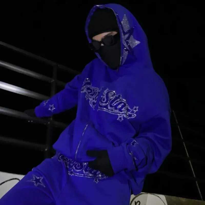 Mens Sweatshirt Full zip Hoodie Hip Hop Rhinestone Star Alphabet Hooded Jacket Oversize Hoodie Womens Coat Y2K Clothes Unisex W250117