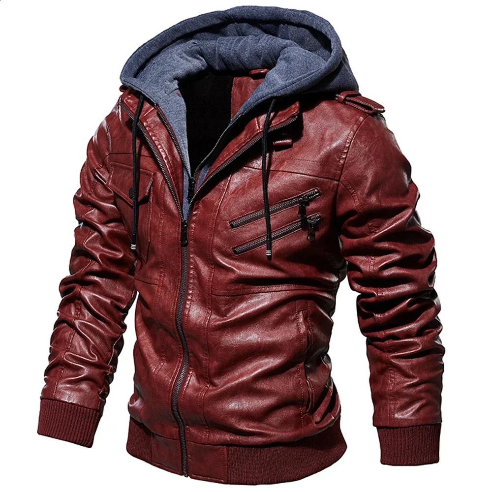 Business Slim 2024 Zipper Motorcycle Leather Jacket Men Unload Hooded PU Jackets Autumn Coat Plus Size S5XL 250109Z