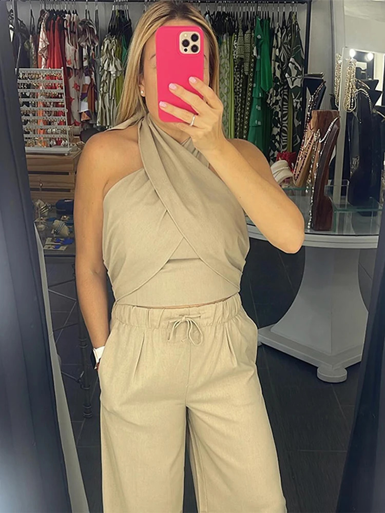 Cotton Linen Pants Sets Women Fashion Halter Crop Top Two Piece Ladies Sets Flimsy Wide Leg Pants 2024 est Summer High Street 250120