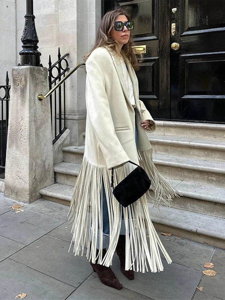 Fashion Tassel Hem Womens Coat Autumn Winter Turndown Collar Long Sleeve Female Overcoat 2024 Brown High Street Lady Outwear 250110