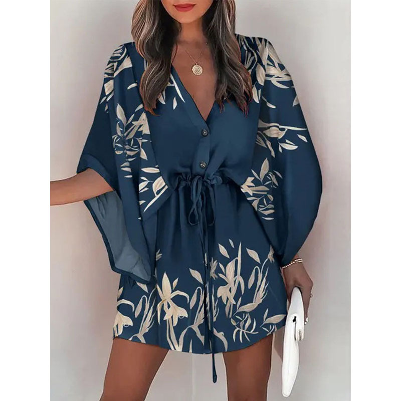 2025 New Outdoor Casual Dress Personality Women's Summer Women's Designer Flying Sleeve V-neck Lace Up Printed Beach Skirt