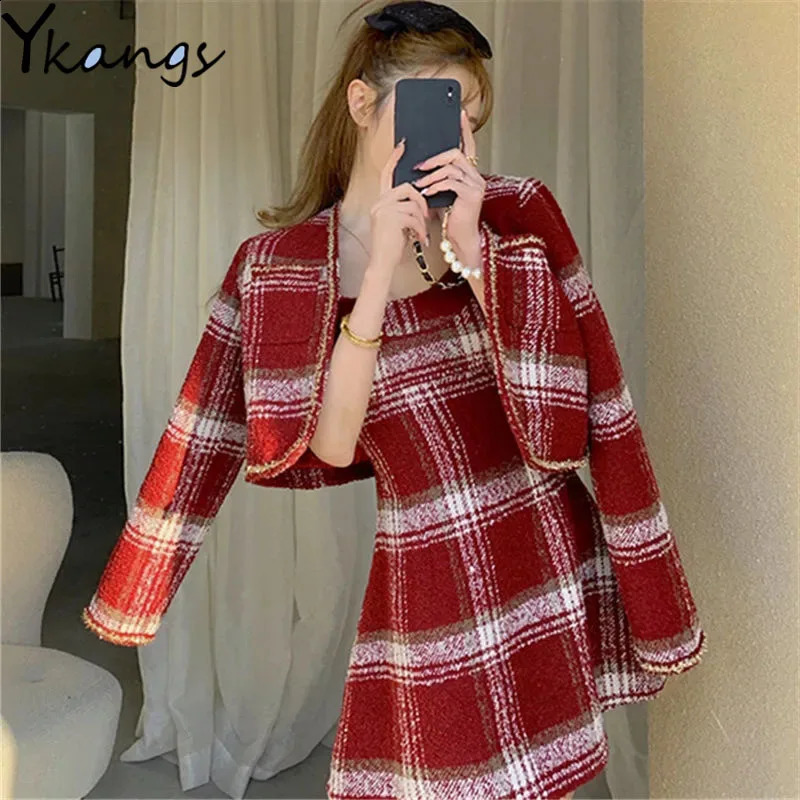 Woolen Harajuku Y2k Plaid Short Blazer Christmas Clothes Women Winter A-line Dress Sets Korean Fashion Suits 2-piece Set Female 250113