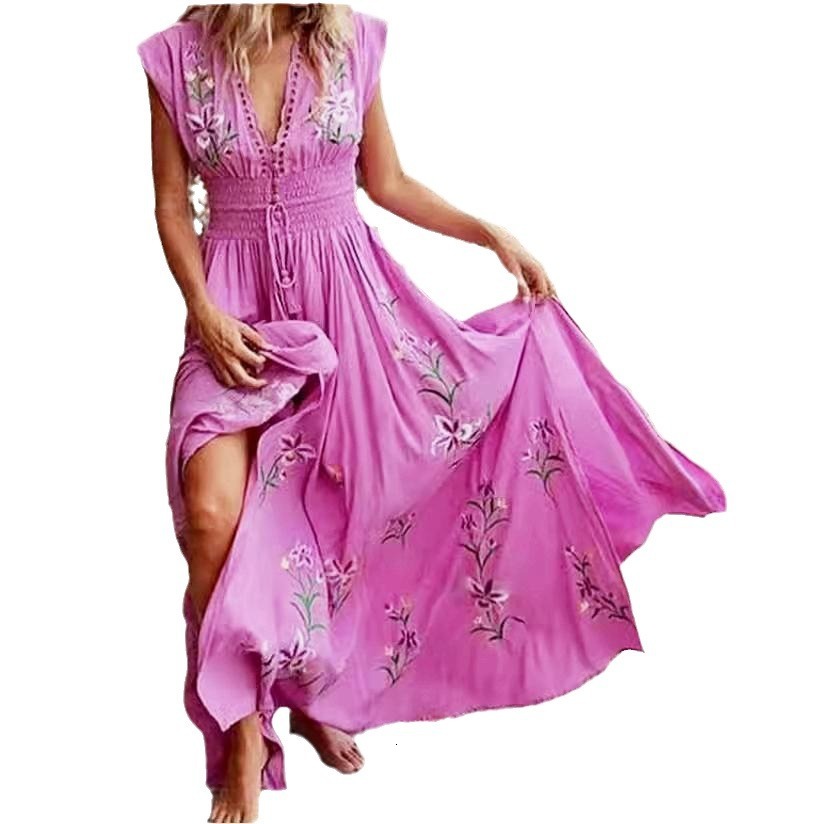 2025 Women's Summer New Designer V-neck French Beach Skirt Flower Bohemian Sexy Long Dress