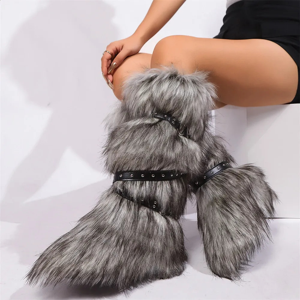 Winter Long fur y2k Sexy Snow Boot Big Size 44 Chic More Colors Buckle Belt Knee High Boots Shoes 250118