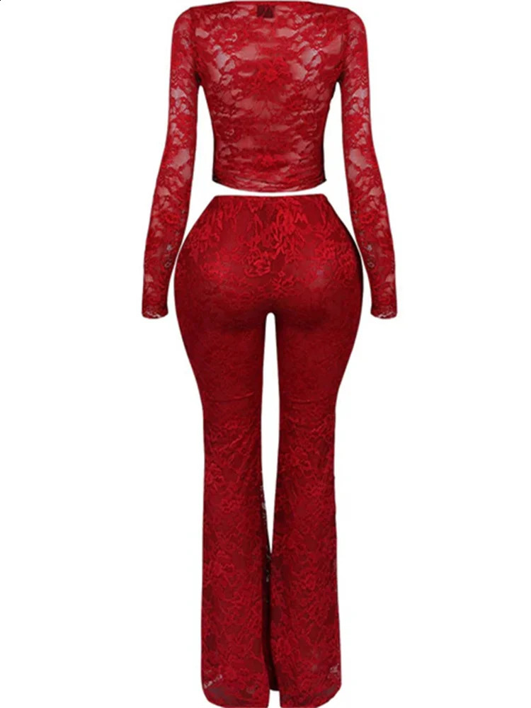 Nwe Spring Fall Lace Womens Sets Long Sleeve Sexy Bandage Top and Flared Pants 2025 Loose Red Clubwear Two 2 Piece Set Outfits 250120