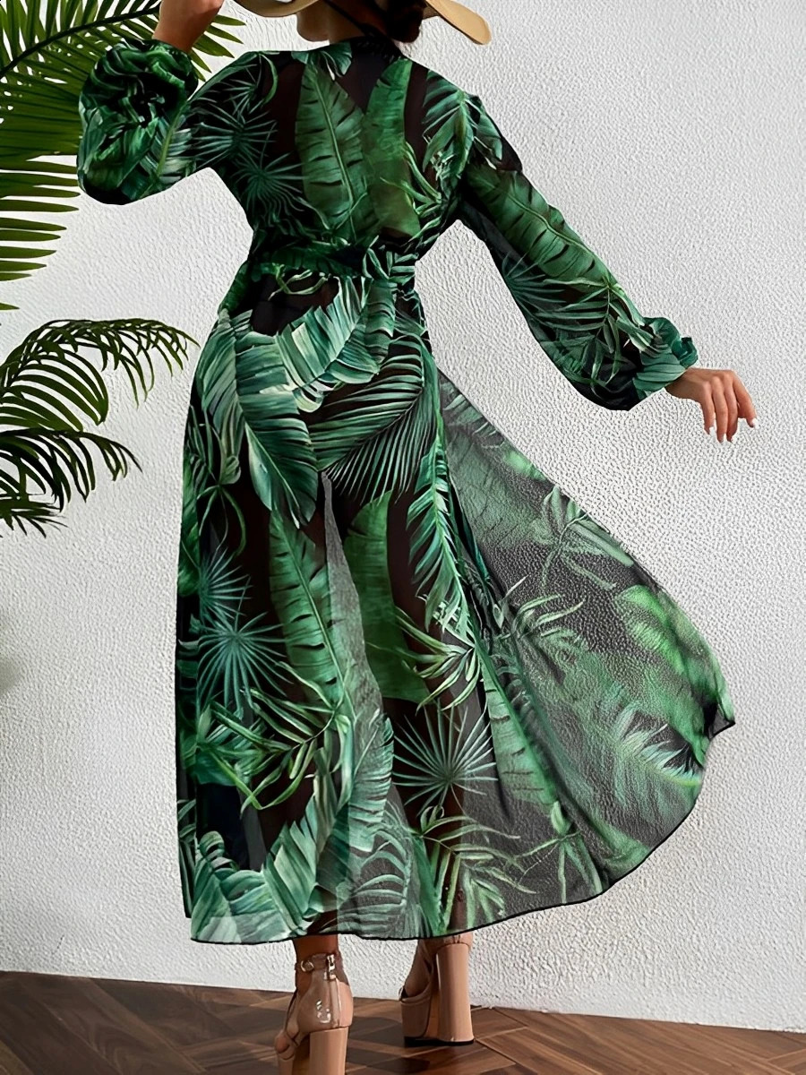 2024 Large Size Print Beach Cover Up Long Sleeve Kimono Women Swimwear Female Bathing Suit Beachwear Swimming 250122