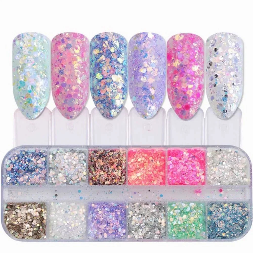 12Grids Holographic Nail Glitter Flakes Sequins Rose Gold Silver Manicure Paillette Spangles Slices Art Decor 250115