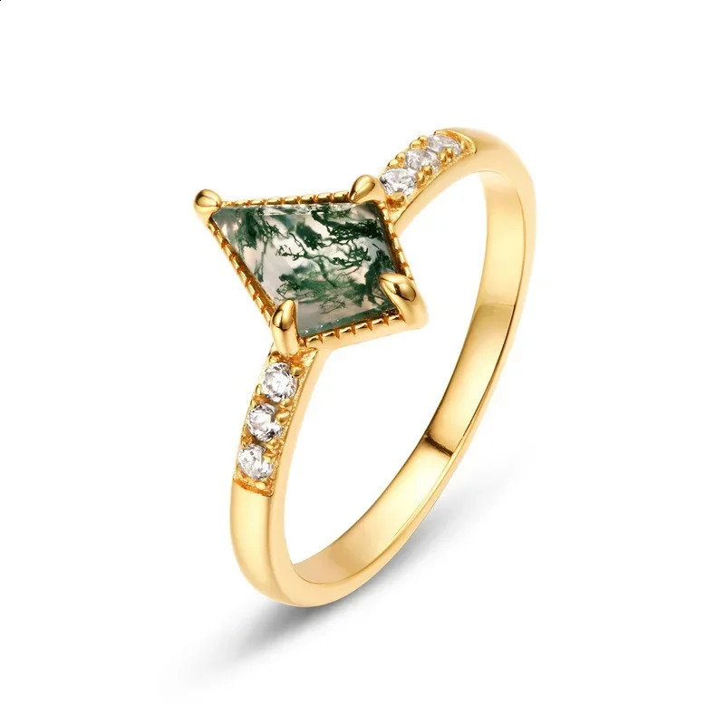 European and American Colored Baby Stone Product 18K Gold PT950 Platinum Green Moss Ring Aquatic Agate 250110
