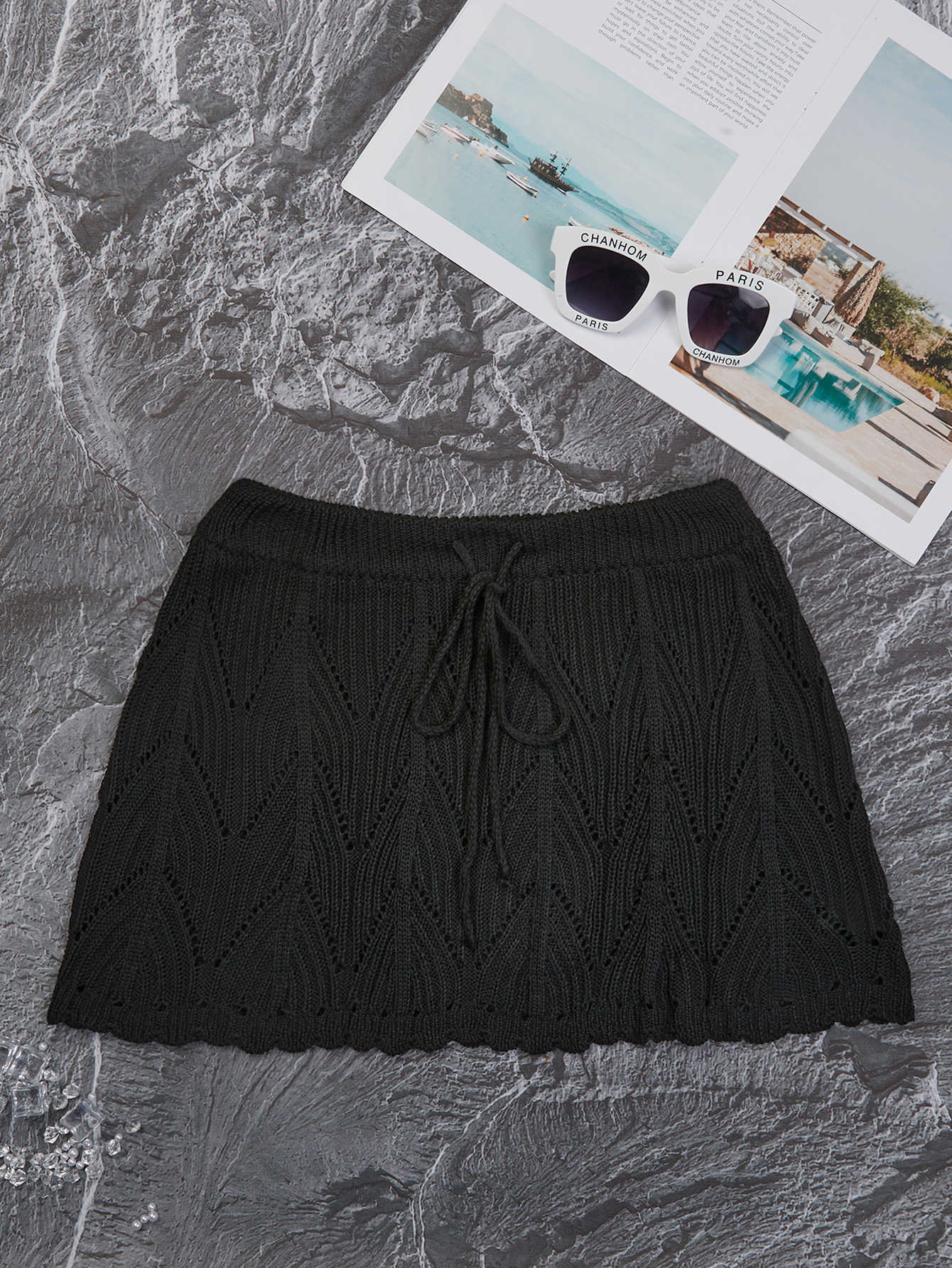 2025 New Women's Clothing Designer Solid Color Drawstring Lace Knitted Hollow Beach Skirt Bikini Women's Swimming Skirt