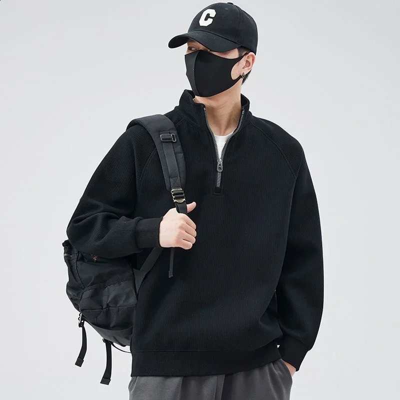 Autumn Standup Collar Pullover Sweatshirts For Men Half Zip Y2K Vintage Hoody Casual Preppy Fashion Streetwear Clothes 250122