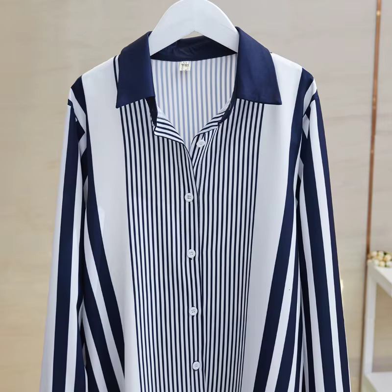 Chiffon Blouse Stripe Long Sleeve Shirts For Women 2024 New Elegant Button Up Shirt Womens Tops OL Vintage Female Clothing