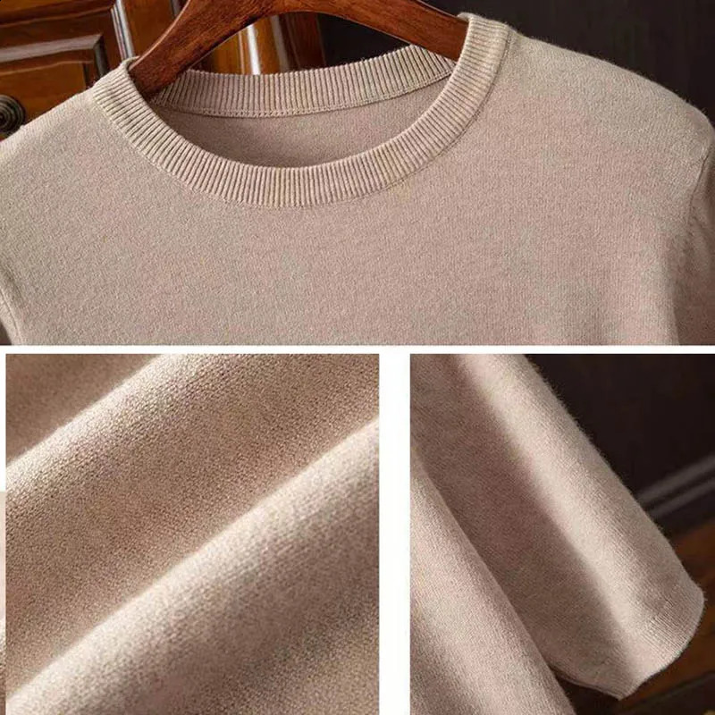 High Qualtity Oversized Cashmere Knitted Oneck Tshirt for Men Short Sleeve Tee Solid Color Trend Leisure Grey White Black Blue 250108