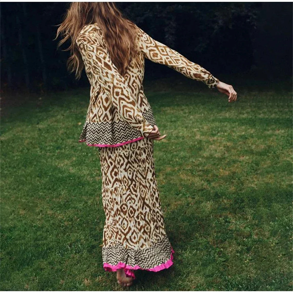 Vintage Patchwork Print Skirt Sets Women Fashion Long Sleeve Lapel Tops A-line Maxi Long Skirt Casual Autumn Outfits Boho Street 250118