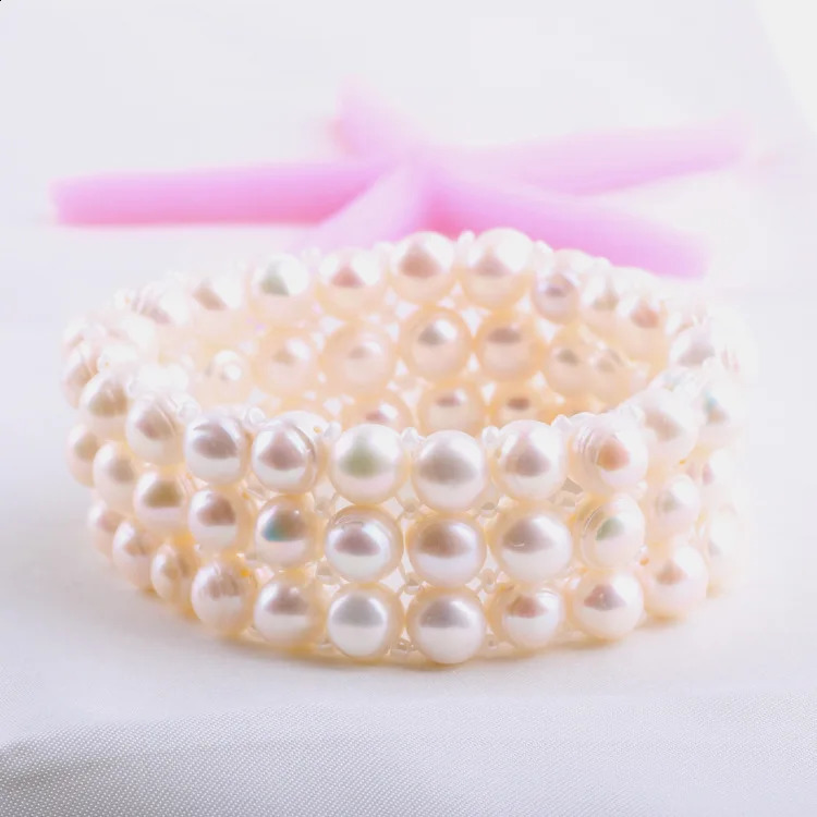 Trendy 3 Rows of Elastic Baroque Pearl Bracelet Full Natural White Round Freshwater Pearls Bangle Gift for Women Jewelry 250121