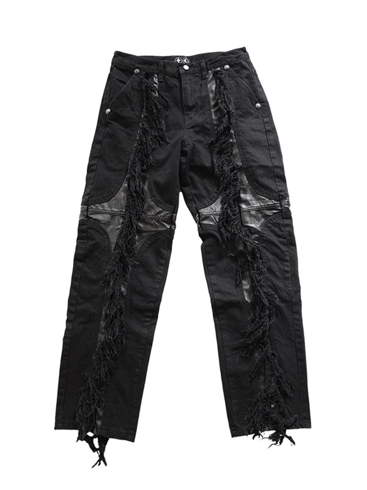 Men's Jeans Thug Club Tassel Mohi Dry Splicing Leather Contrasting Straight Tube Niche Casual Washed Jeans for Men