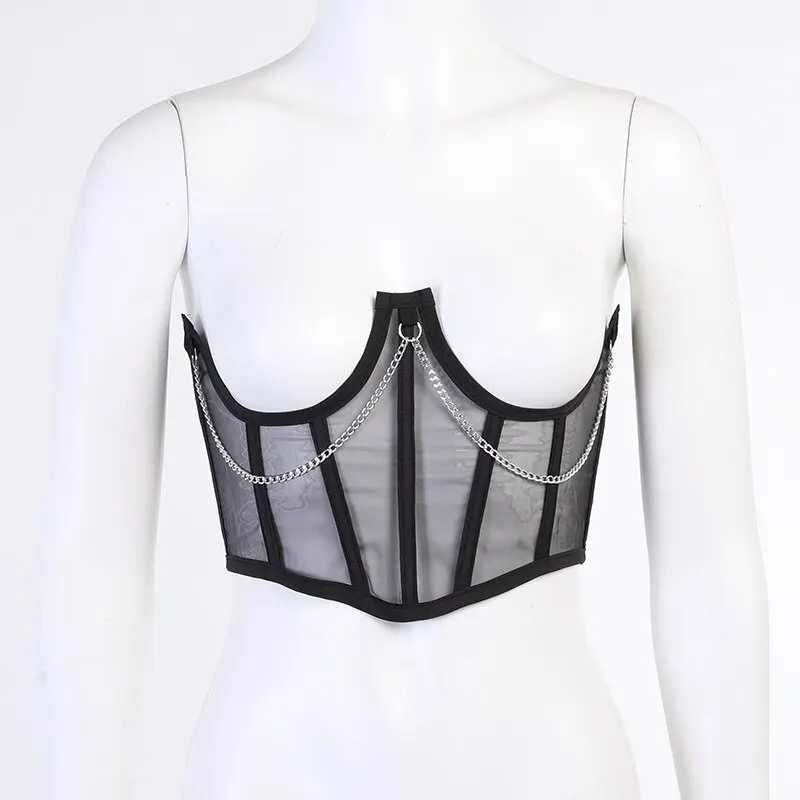Sexy Corset Underbust Punk Metal Chain Black Women Top Curve Shaper Strap Slimming High Waist Belt Lace Bustiers W250120