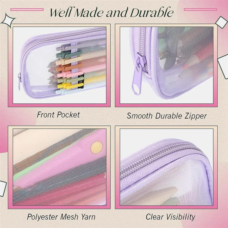 4 Pcs Grid Mesh Pencil Case with Zipper Clear Pencil Pouch Visible Pen Bag Multi-Purpose Transparent Makeup Bag 250120