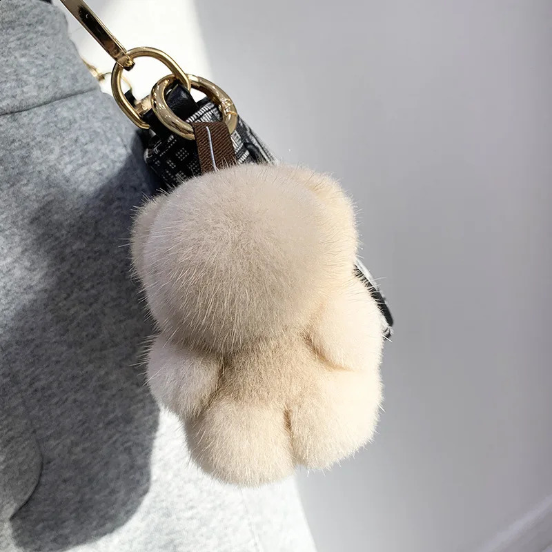 Women Bag Charm Trinkets Car Metal Key Rings Rear View Mirror Ornaments Cute Real Mink Fur Keychain Plush Panda Pendant Kids Toy250114ww