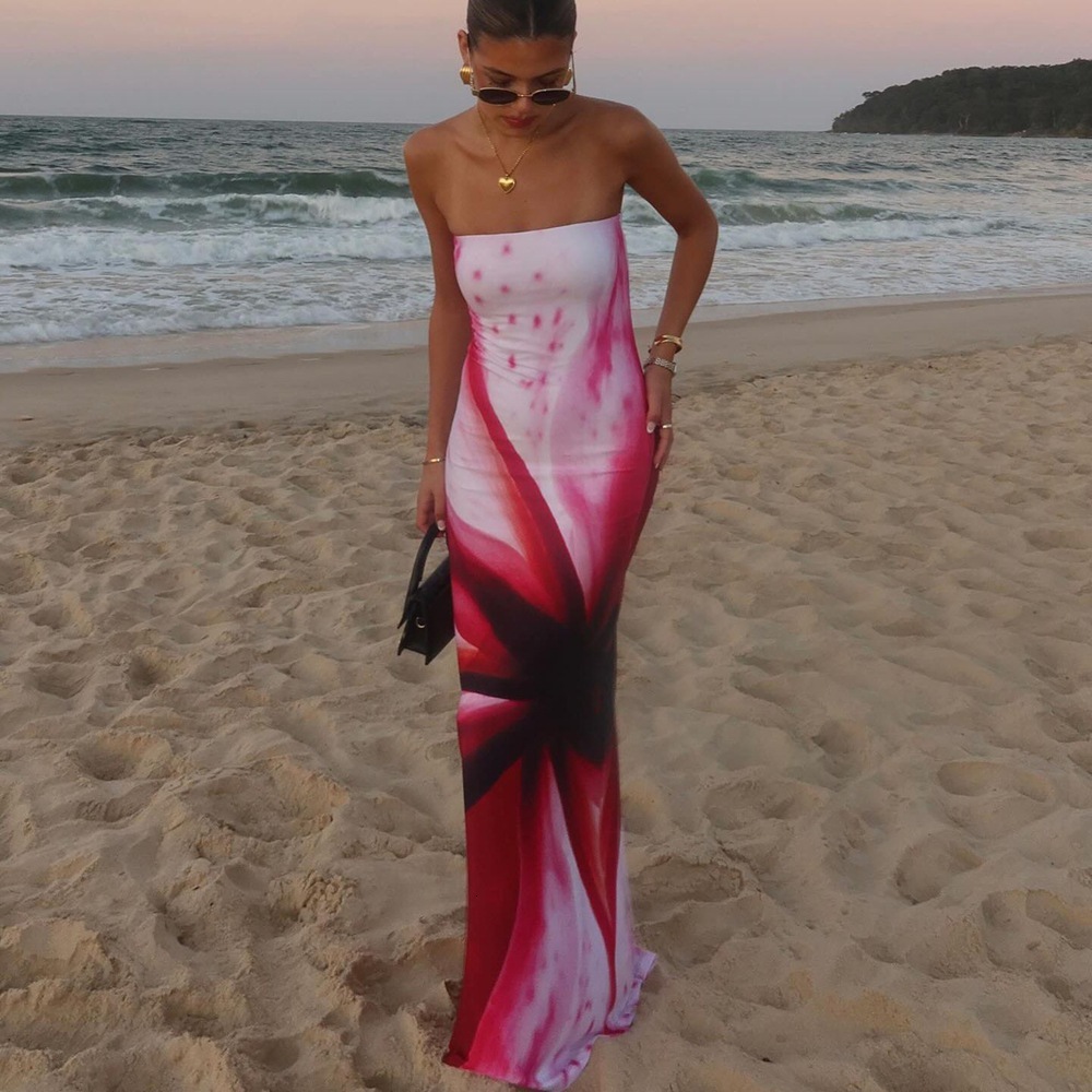 Women's Clothing 2025 Summer New Print Sexy Strapless Waist Bag Hip Dress Long Beach Skirt