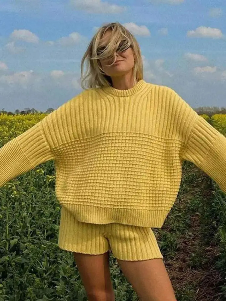 Solid Knit Shorts Sweater Suits Women Casua Loose Round Neck Long Sleeves Pullover Sets Female 2024 Autumn Winter Set 2 Pieces 250113