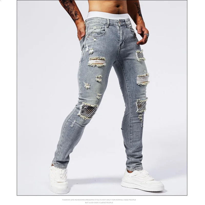 Patch sequin rhinestone jeans for men with torn holes elastic summer fashion casual fit small foot muscle tight pants 250120