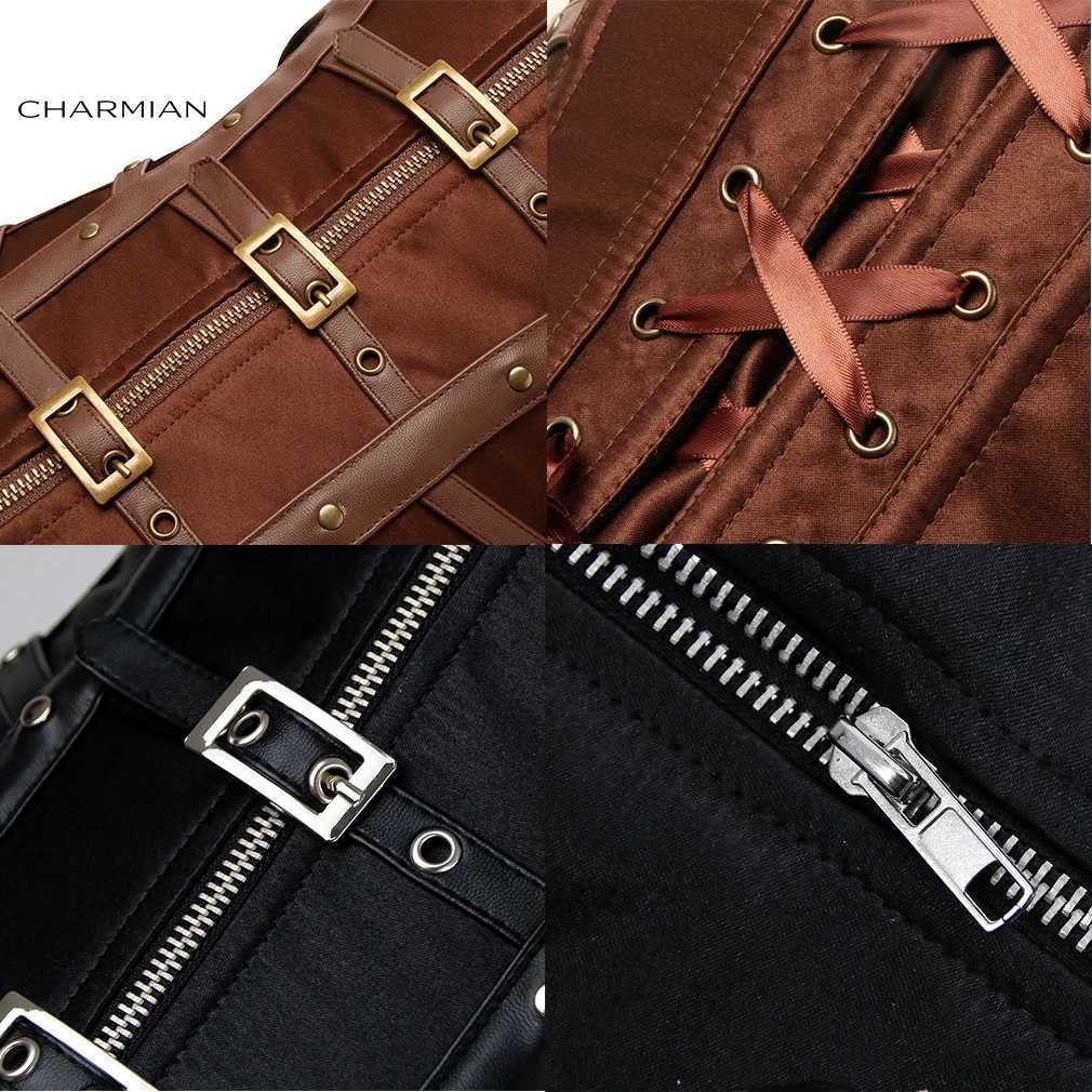 Charmian Steampunk Leather Corset Womens Sexy Gothic Satin Riveted Buckle Zipper Wrapped Armored Corset Plus Size Corset W250120