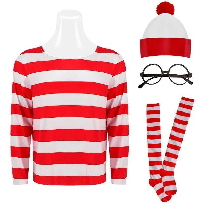 Wheres Waldo Striped Shirt Youth Kids Boys Wally Costume Shirt Glasses and Hat Socks Unisex Adults Carnival Cosplay Costume W250117
