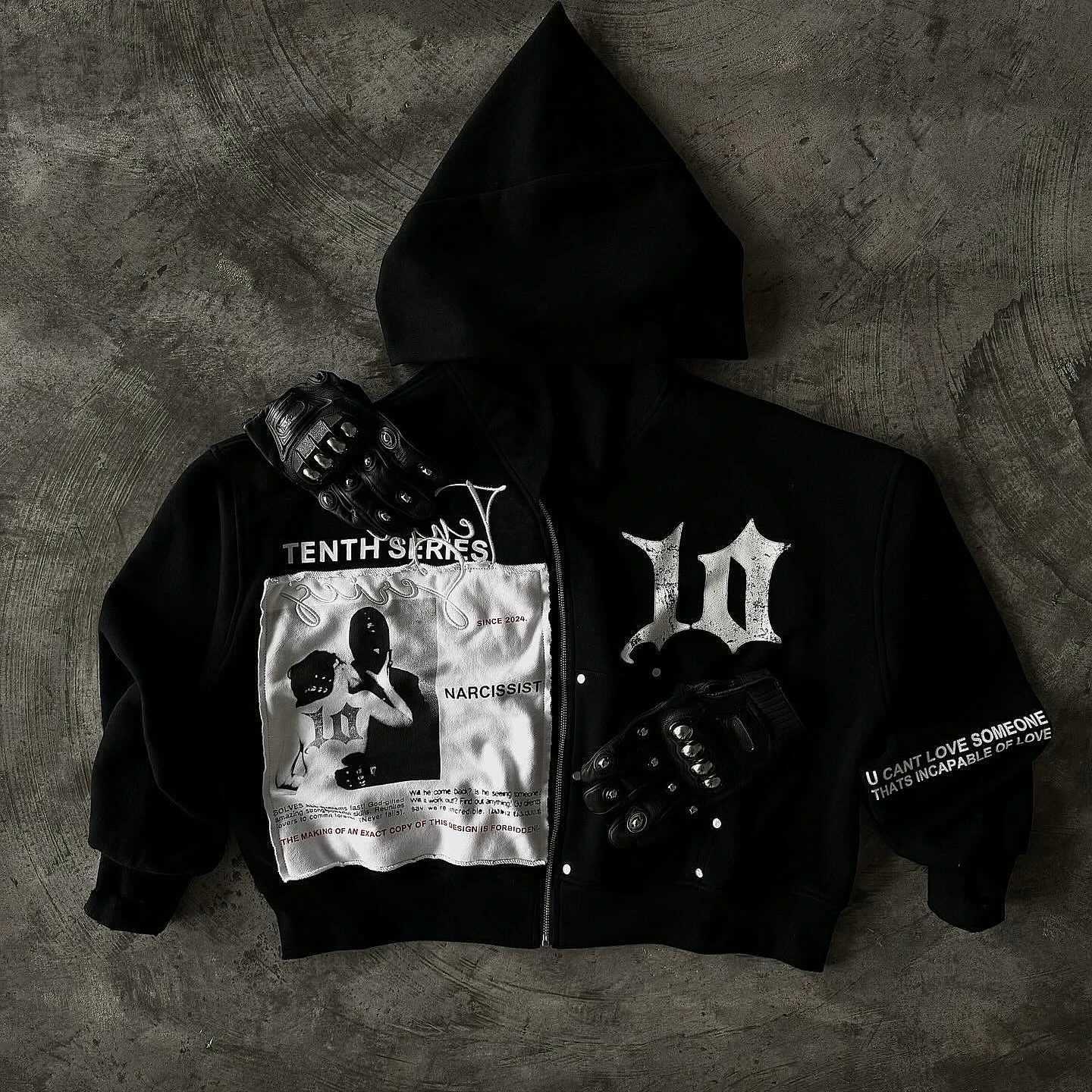 Y2K Retro Black Zipper Hoodie Mens Harajuku Splicing Work Embroidery Graphic Sportswear Street Clothing Gothic Super Large Hoodie W250117