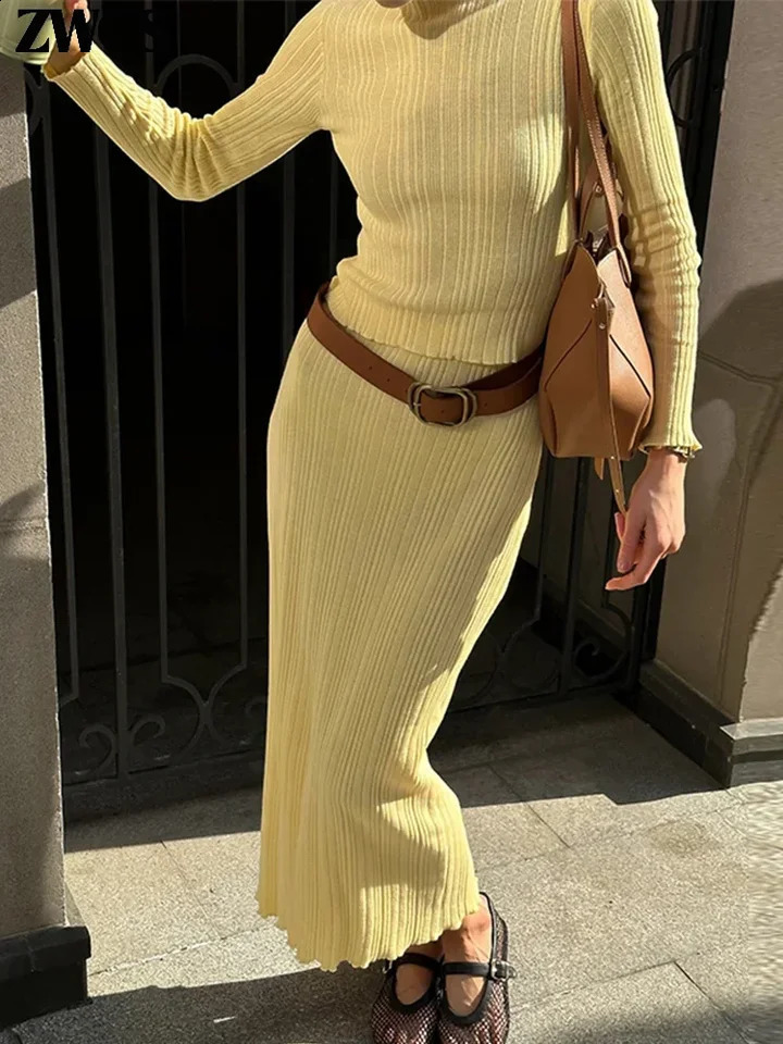 Casual Knit Pullovers Skirts Set Women Slim O-neck Long Sleeve Top Elastic Hip Package Skirt 2024 Autumn Lady Elegant Outfit 250113