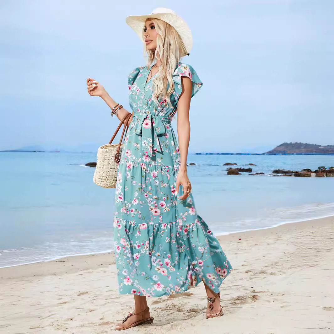 2025 New Women's Beach Skirt Printed Belt V-neck Designer Dress Bohemian Vacation Beach Skirt