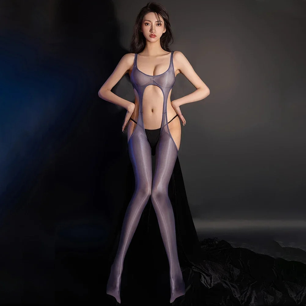 Oil Glossy Shiny Sexy Tight Bodystocking Open Crotch Bodysuit Hollow Out OnePiece Body Stockings Leotard See Through Tights 250108