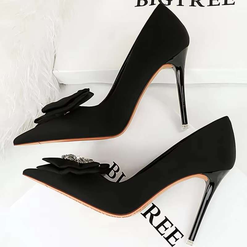 Women 10.5cm High Heels Sexy Rhie Bow Bla Red Pointed Toe Party Pumps Lady Silk Satin Escarpins Wedding Evening Shoes