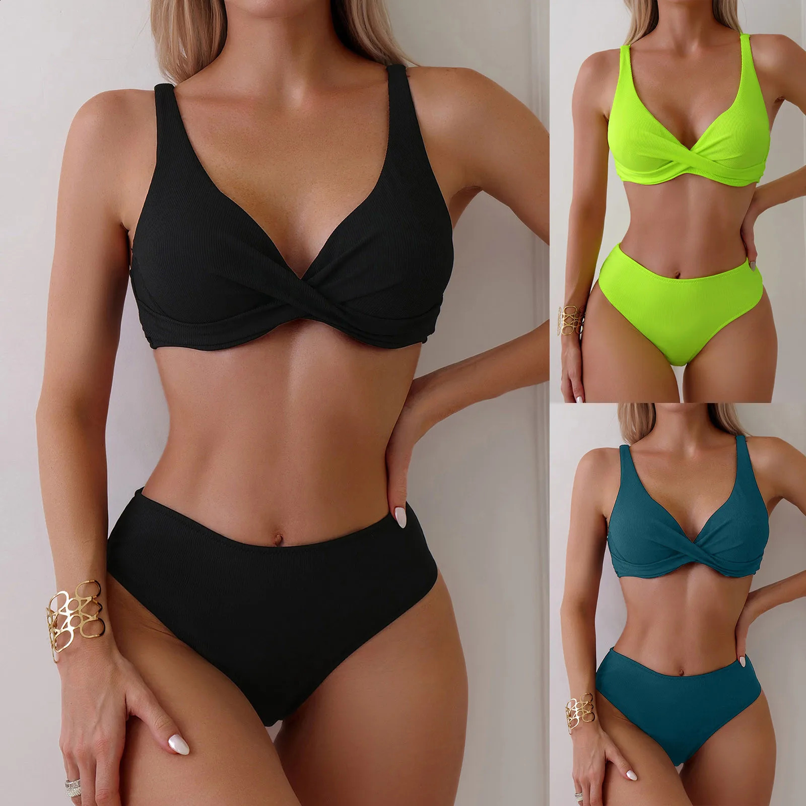 Y2k Vintage Bikini Sets Swimsuit Women Two-Piece Suits Swimwear Solid Color Deep V-Neck Bathing Suit Beach Vacation Swimsuit 250118
