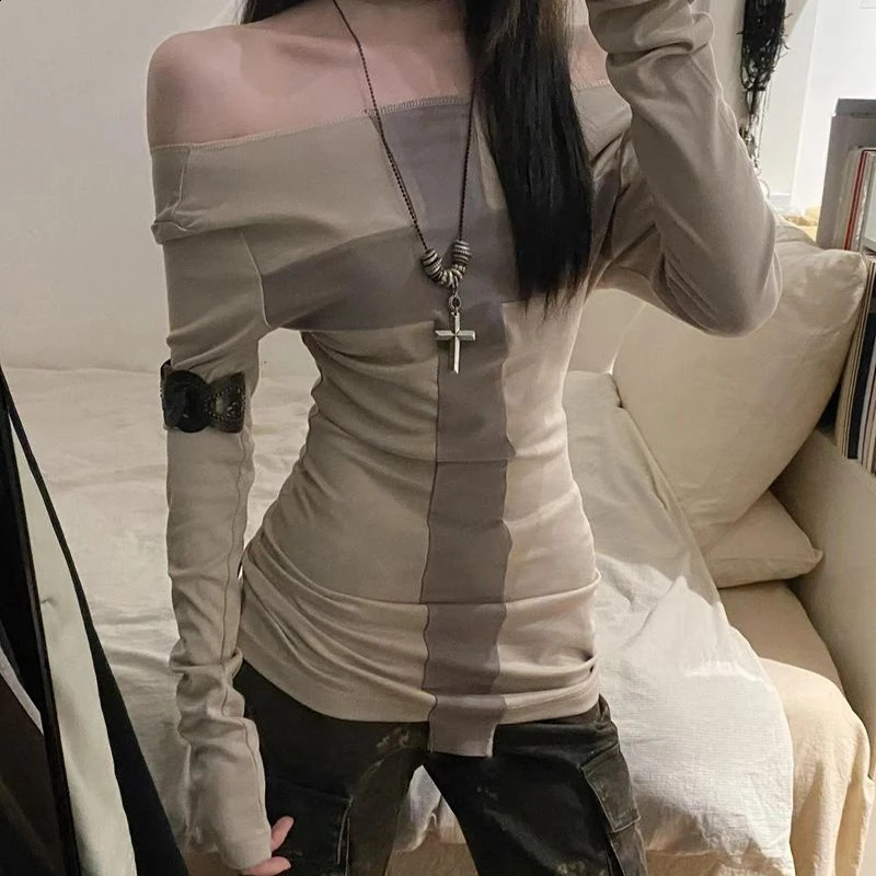 Lamuusaa y2k Tops Women Fairy Grunge Clothes Contrast Cross Off Shoulder Long Sleeve T Shirts 2000s Goth Clothing Streetwear 250116