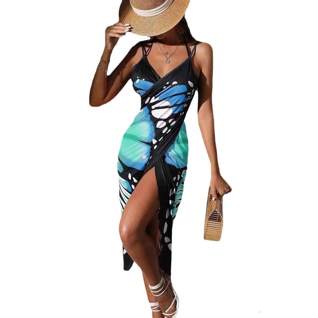 2025 New TEMU Designer One Piece Multi Color Tank Top Sexy Dress With Large Butterfly Digital Printing Multiple Wearing Styles Beach Skirt