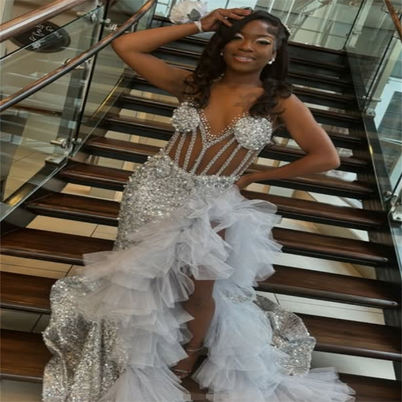 Luxury Silver Sequin Evening Dress 2025 Beaded Crystal Mermaid Dance Prom Dress For Black Women Shine Formal Birthday Party Gowns Bespoke Occasion Ves
