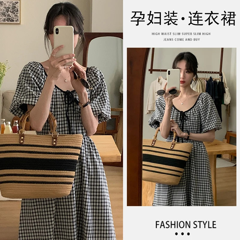 Plus Size Maternity Plaid Dress for Summer Puff Sleeve Oneck Long Loose Pregnant Womens Preppy Style Casual Lady Clothes 250114