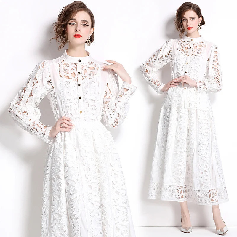 Autumn crochet white lace embroidery 3-piece set womens dress set hollow loose top elastic waist long skirt 250110
