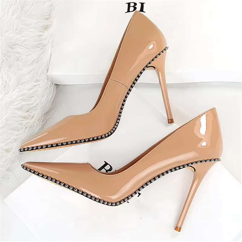 Women 8cm 10.5cm High Elegant Escarpins Pumps Lady Rivets Nude Mid Low Heels Fetish Nightclub Party Office Shoes