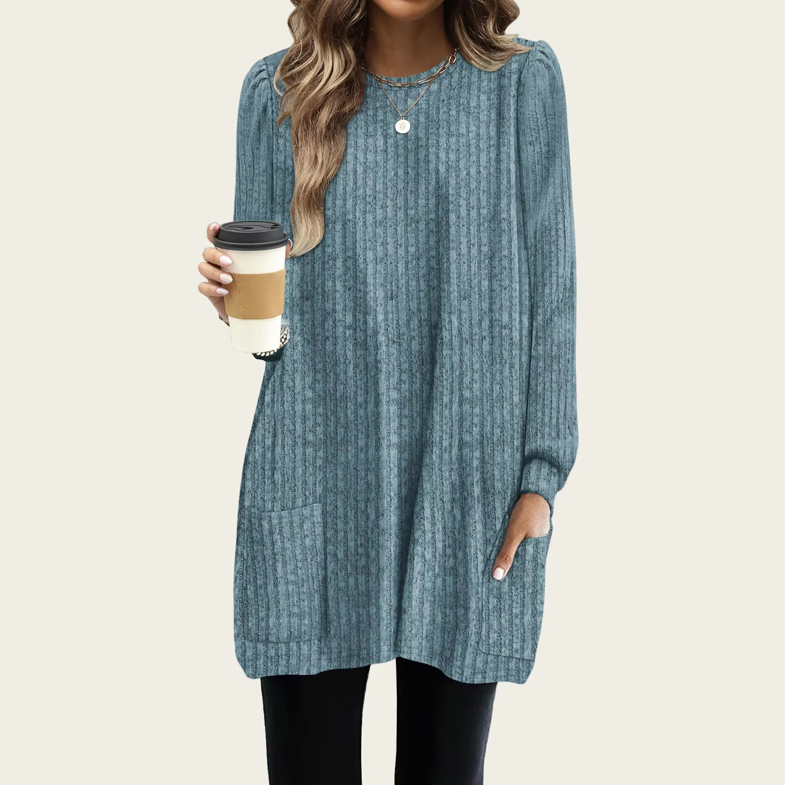 New Spring Shirt Fluffy Long Sleeved T-shirt Round Neck Casual Loose Pocket Shirt Elegant Streetwear Designer T-shirt Women's Solid Color Waistba