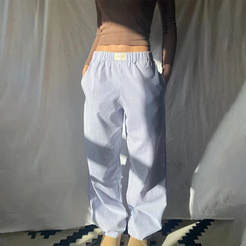Loose Elastic Waist Elastic Pants Women Cotton Stripe Printed Wide Leg Pants Summer Straight Leg Y2K Pants 250121