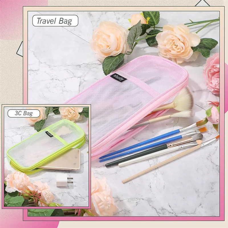 4 Pcs Grid Mesh Pencil Case with Zipper Clear Pencil Pouch Visible Pen Bag Multi-Purpose Transparent Makeup Bag 250120