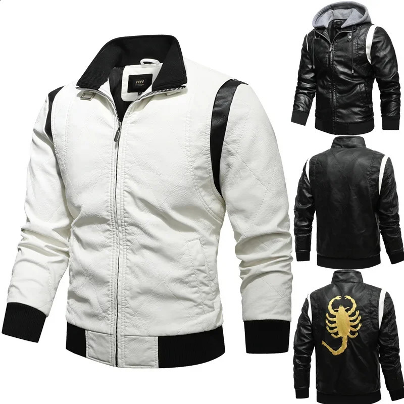 Men Winter Driving Leather Jacket Scorpion Embroidered Hooded PU Motorcycle 250109Z