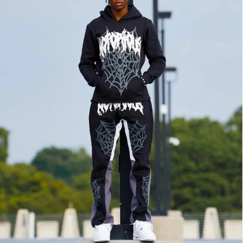 High Street Harajuku Spider Web Printed Loose Hoodie Y2K Hip Hop Street Mens Casual Zipper Sweatpants Gothic 250109
