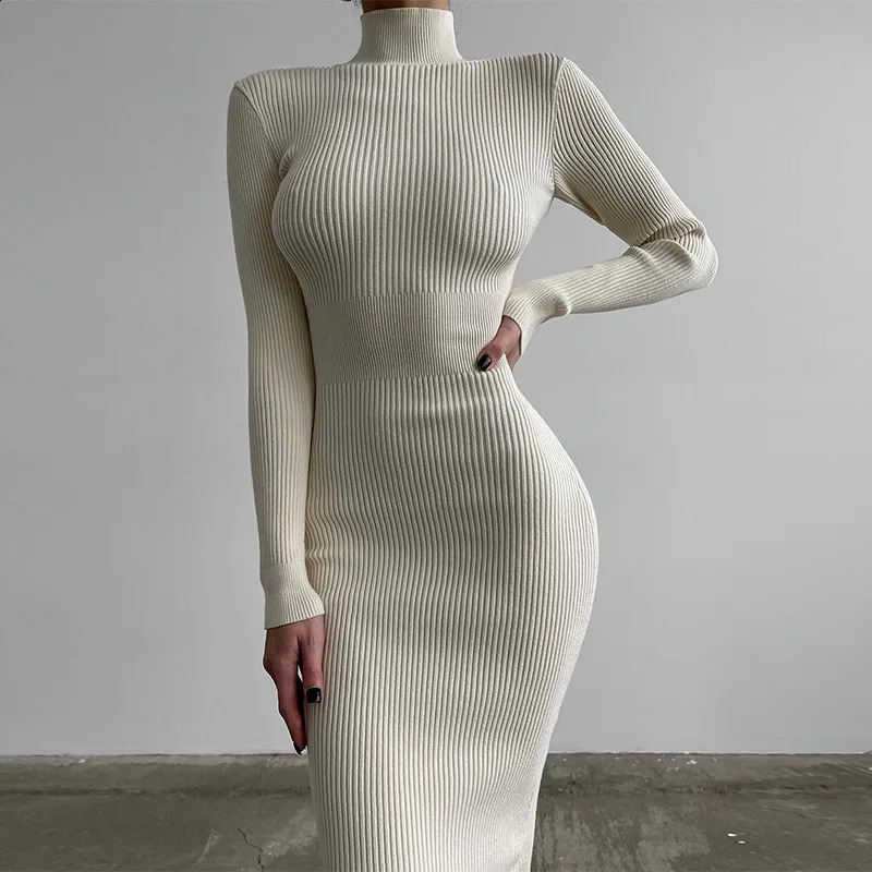 Autumn Winter Midi Sweater Dress Women Casual Ribbed Knitted Turtleneck Long Sleeve Dresses Outfits Bodycon Sexy Club Party 250122